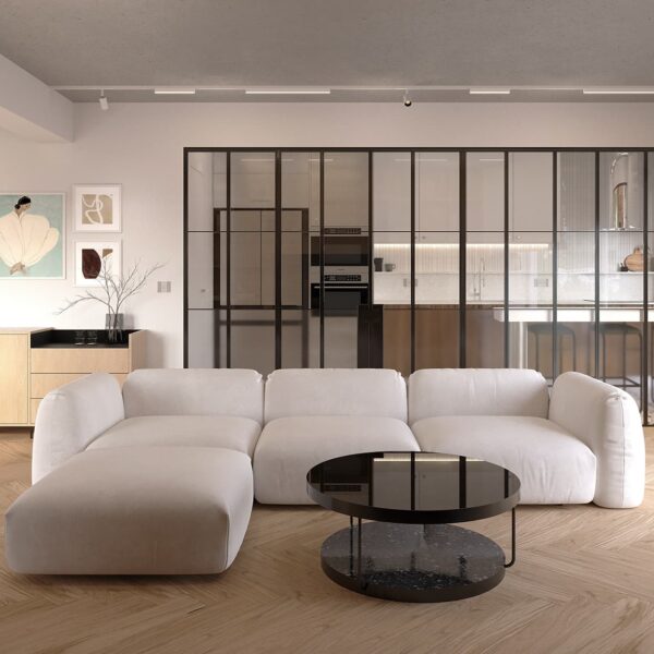 design interior apartament minimalism mid century cu usa glisanta sticla pentru a separa bucataria