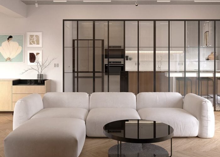 design interior apartament minimalism mid century cu usa glisanta sticla pentru a separa bucataria