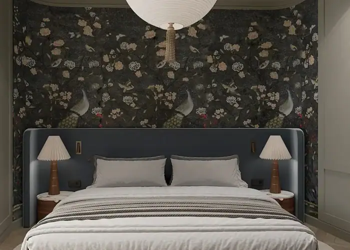 Amenajare dormitor matrimonial cu influențe asiatice și mobilier rotunjit