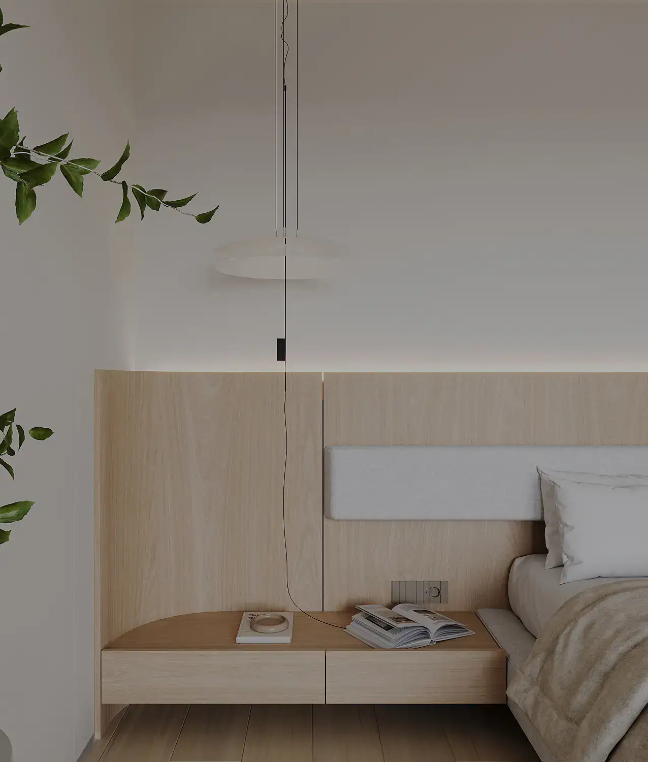 Noptieră integrată în designul peretelui – design interior japandi organic București